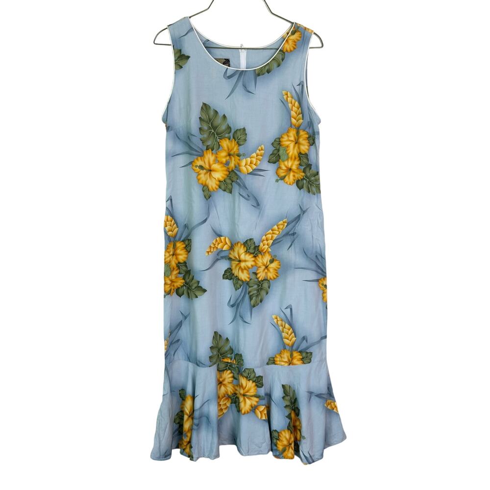 Two Palms VINTAGE Hawaiian blue yellow tropical hibiscus dress‎ MEDIUM